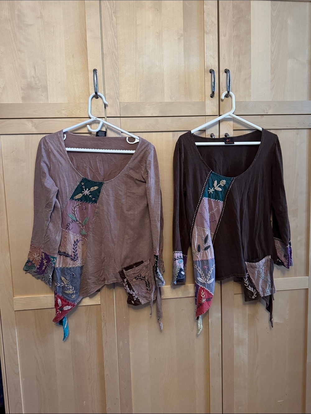 Boho Patchwork Embroidered Long Sleeve Top - Brown & Taupe
